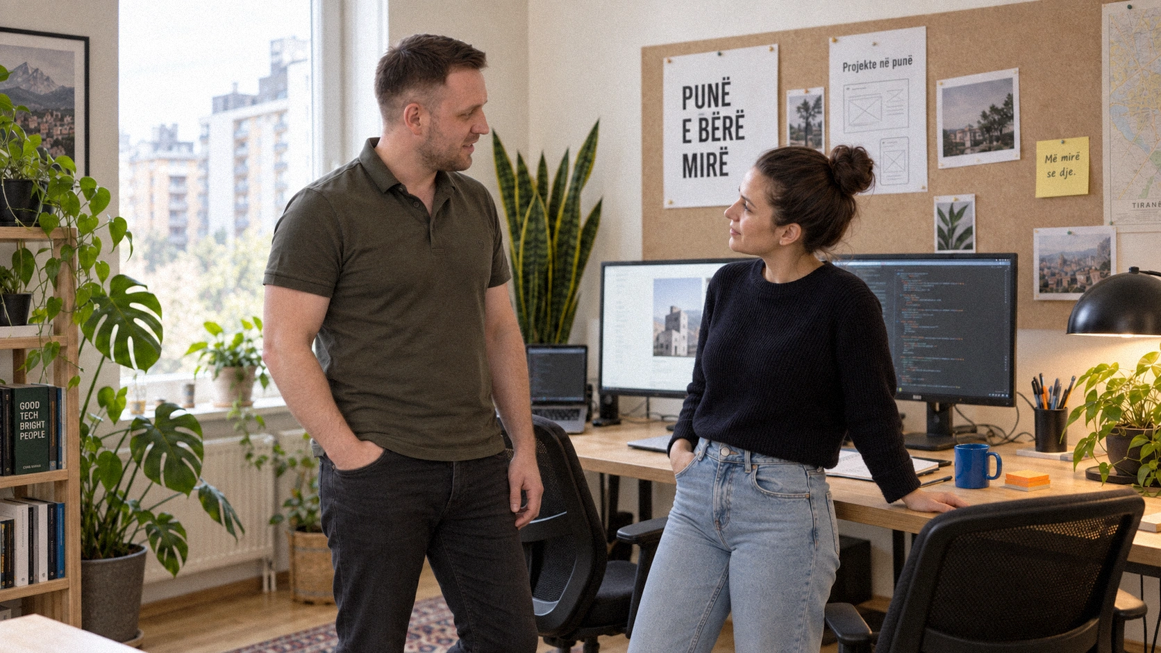 Sajmir and a collaborator talking casually beside the studio desk.