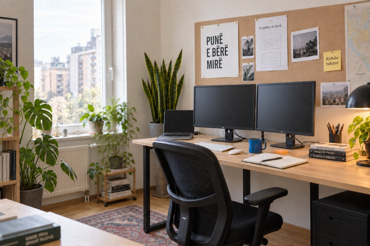 Studio workspace with two monitors, a notebook and plants.