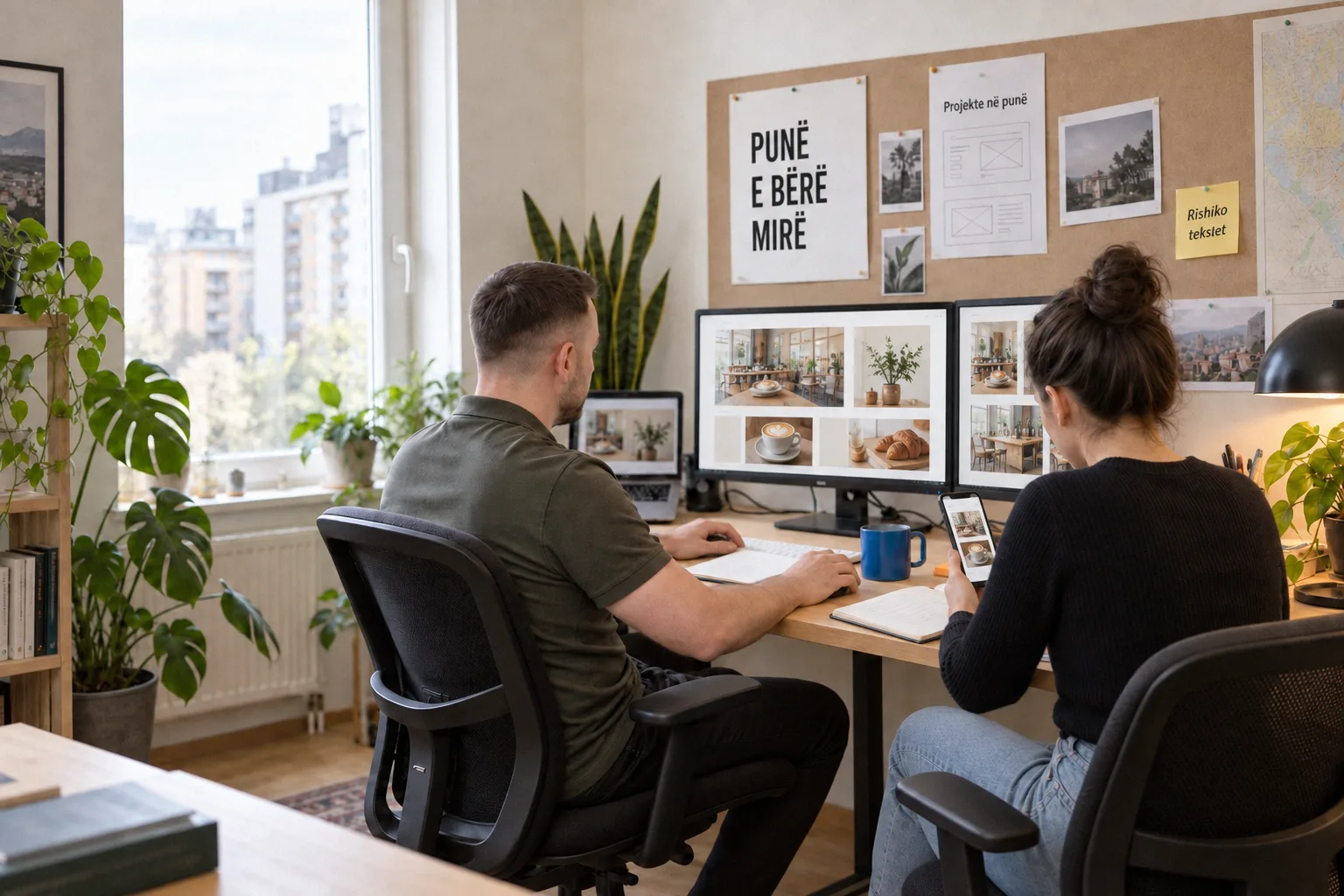 The developer and a client side by side at the studio desk while she edits her website.