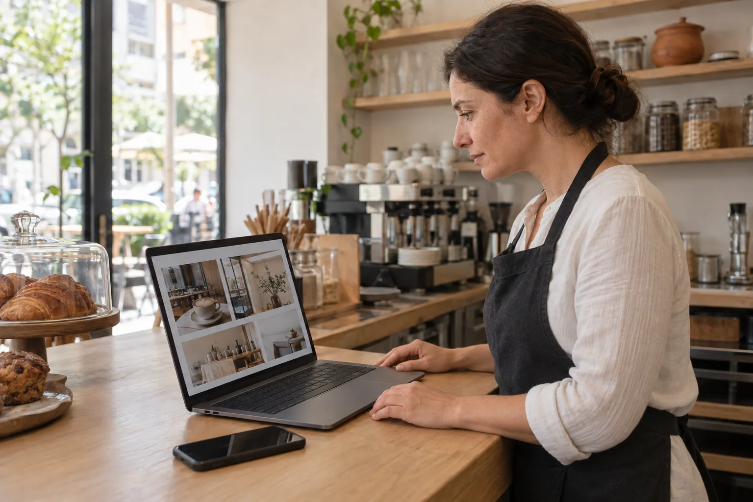 A café owner at her counter reading her new website on a laptop.