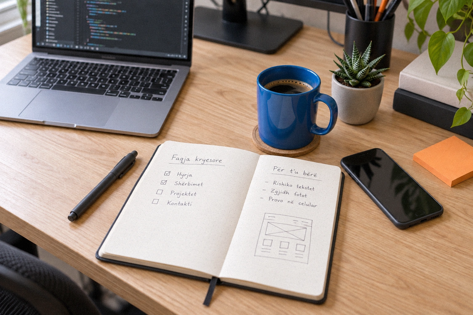 Open notebook with website planning notes beside a laptop and coffee.