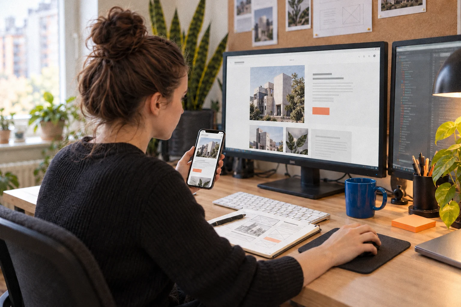 Illustrative studio scene: a designer checking the same website on a monitor and phone, with page sketches on the desk.