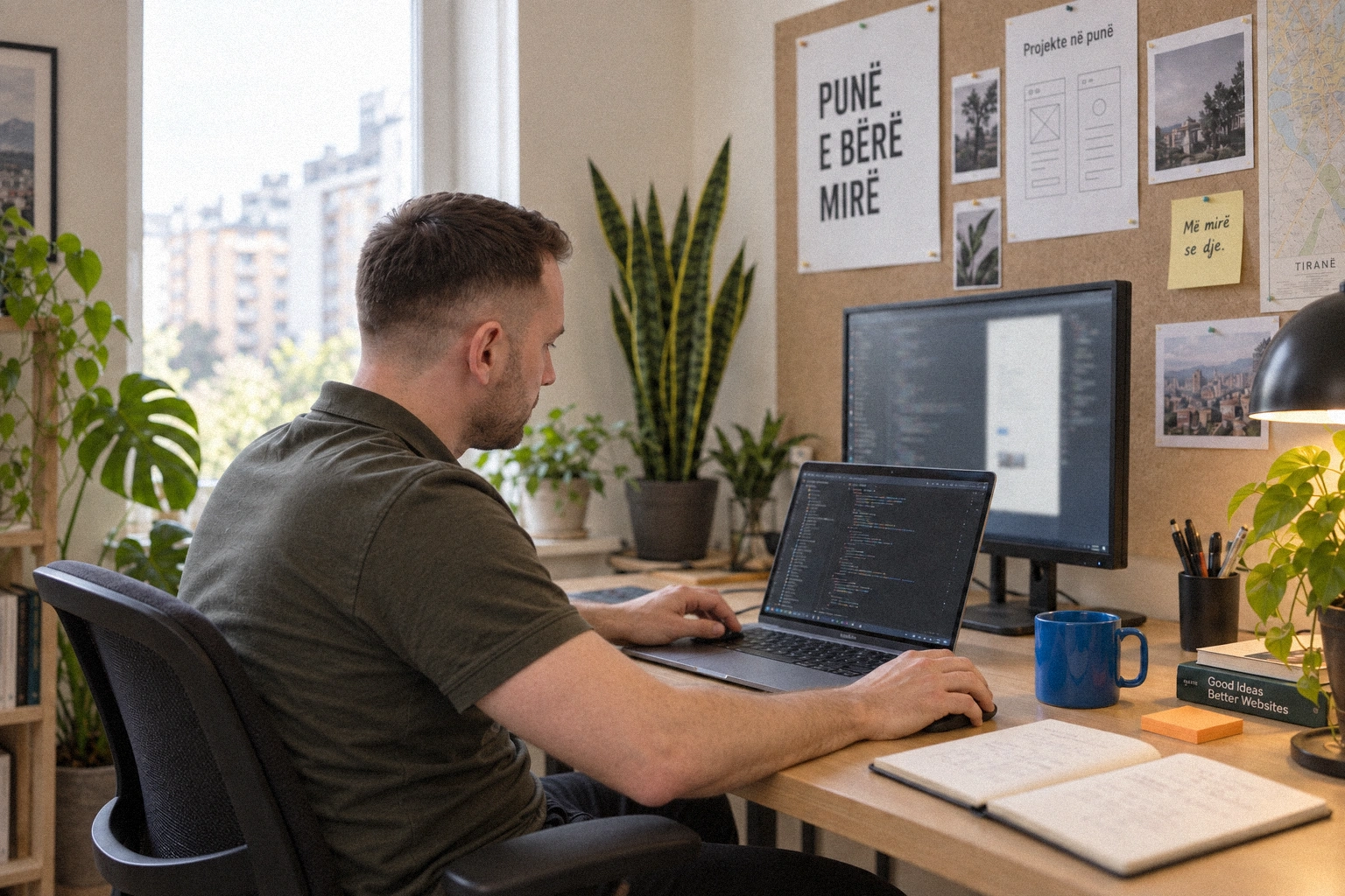 A developer writing code at the studio desk.