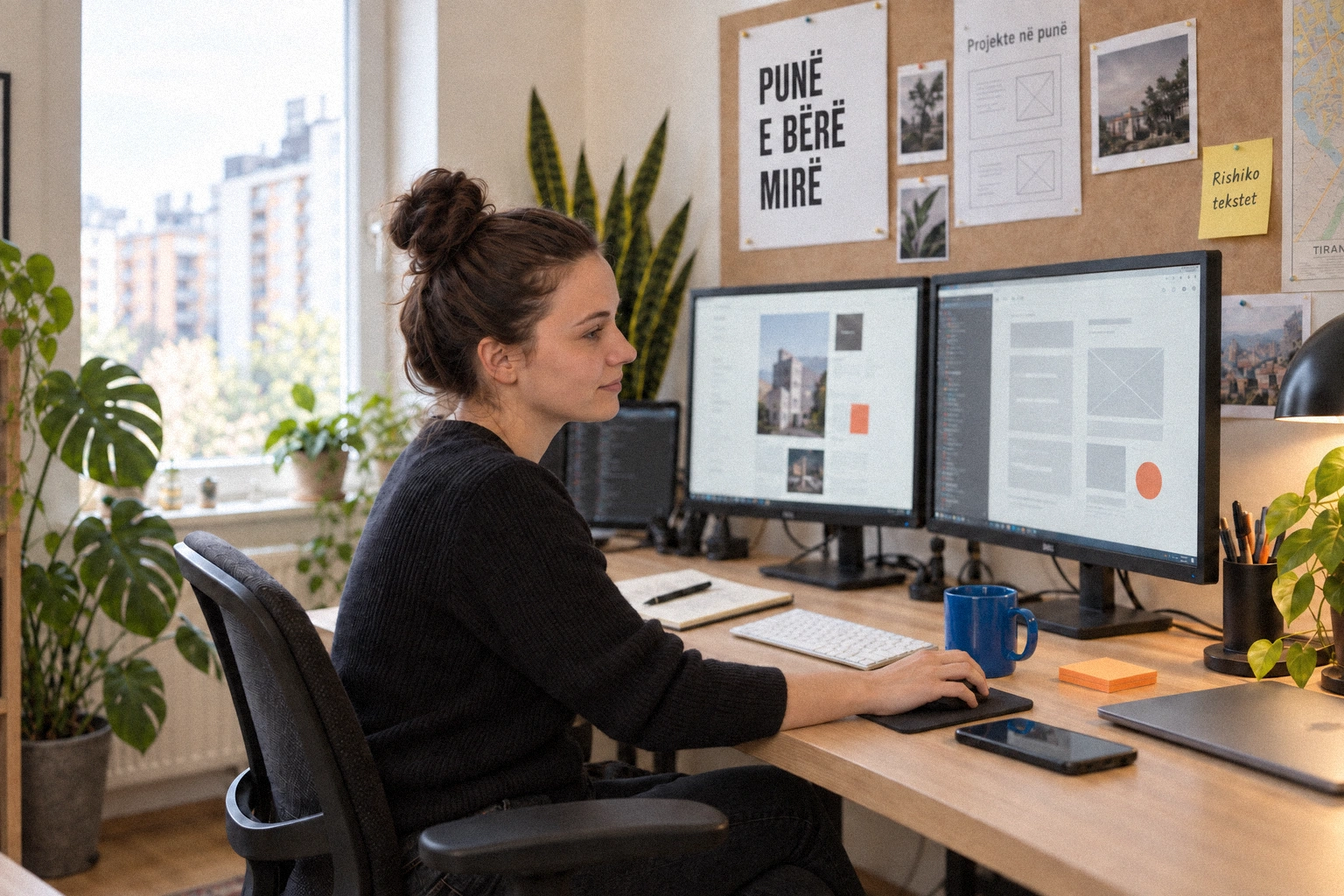 A designer reviewing a website layout at the studio desk.